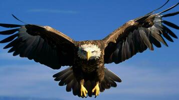 Eagle freely flying under the sunlight and blue sky. Predatory bird hunting in safari east africa concept by AI Generated photo