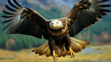 águila libremente volador debajo el luz de sol y azul cielo. depredador pájaro caza en safari este África concepto por ai generado foto