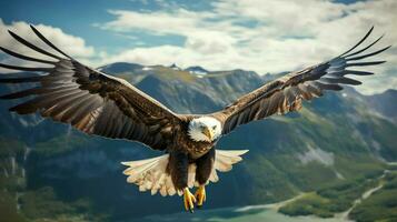 Eagle freely flying under the sunlight and blue sky. Predatory bird hunting in safari east africa concept by AI Generated photo