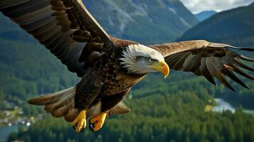 águila libremente volador debajo el luz de sol y azul cielo. depredador pájaro caza en safari este África concepto por ai generado foto