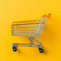 Composition of shopping cart or trolley with gift boxes or bags. Cyber monday sales or shopping day concept by AI Generated photo