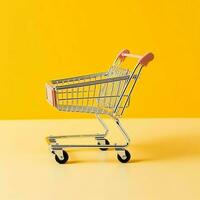 Composition of shopping cart or trolley with gift boxes or bags. Cyber monday sales or shopping day concept by AI Generated photo