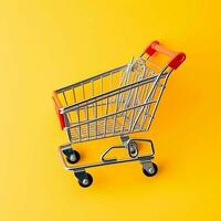 Composition of shopping cart or trolley with gift boxes or bags. Cyber monday sales or shopping day concept by AI Generated photo