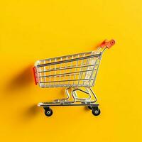 Composition of shopping cart or trolley with gift boxes or bags. Cyber monday sales or shopping day concept by AI Generated photo