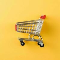 Composition of shopping cart or trolley with gift boxes or bags. Cyber monday sales or shopping day concept by AI Generated photo