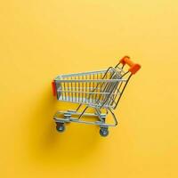 Composition of shopping cart or trolley with gift boxes or bags. Cyber monday sales or shopping day concept by AI Generated photo