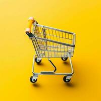 Composition of shopping cart or trolley with gift boxes or bags. Cyber monday sales or shopping day concept by AI Generated photo