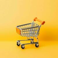 Composition of shopping cart or trolley with gift boxes or bags. Cyber monday sales or shopping day concept by AI Generated photo