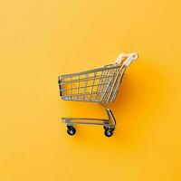 Composition of shopping cart or trolley with gift boxes or bags. Cyber monday sales or shopping day concept by AI Generated photo