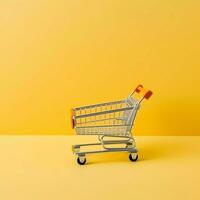 Composition of shopping cart or trolley with gift boxes or bags. Cyber monday sales or shopping day concept by AI Generated photo