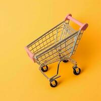 Composition of shopping cart or trolley with gift boxes or bags. Cyber monday sales or shopping day concept by AI Generated photo