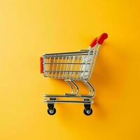 Composition of shopping cart or trolley with gift boxes or bags. Cyber monday sales or shopping day concept by AI Generated photo