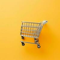 Composition of shopping cart or trolley with gift boxes or bags. Cyber monday sales or shopping day concept by AI Generated photo