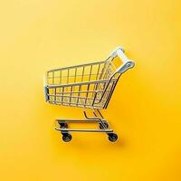 Composition of shopping cart or trolley with gift boxes or bags. Cyber monday sales or shopping day concept by AI Generated photo