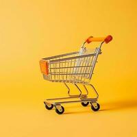 Composition of shopping cart or trolley with gift boxes or bags. Cyber monday sales or shopping day concept by AI Generated photo