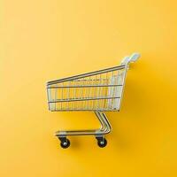 Composition of shopping cart or trolley with gift boxes or bags. Cyber monday sales or shopping day concept by AI Generated photo