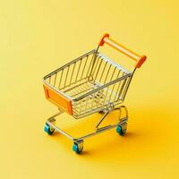 Composition of shopping cart or trolley with gift boxes or bags. Cyber monday sales or shopping day concept by AI Generated photo