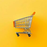 Composition of shopping cart or trolley with gift boxes or bags. Cyber monday sales or shopping day concept by AI Generated photo