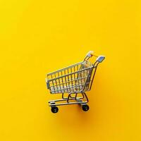 Composition of shopping cart or trolley with gift boxes or bags. Cyber monday sales or shopping day concept by AI Generated photo