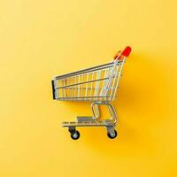 Composition of shopping cart or trolley with gift boxes or bags. Cyber monday sales or shopping day concept by AI Generated photo