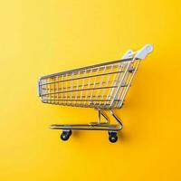 Composition of shopping cart or trolley with gift boxes or bags. Cyber monday sales or shopping day concept by AI Generated photo