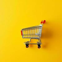 Composition of shopping cart or trolley with gift boxes or bags. Cyber monday sales or shopping day concept by AI Generated photo