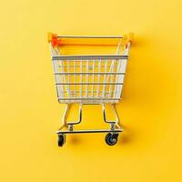 Composition of shopping cart or trolley with gift boxes or bags. Cyber monday sales or shopping day concept by AI Generated photo