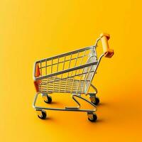 Composition of shopping cart or trolley with gift boxes or bags. Cyber monday sales or shopping day concept by AI Generated photo