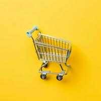 Composition of shopping cart or trolley with gift boxes or bags. Cyber monday sales or shopping day concept by AI Generated photo