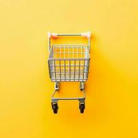 Composition of shopping cart or trolley with gift boxes or bags. Cyber monday sales or shopping day concept by AI Generated photo