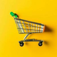 Composition of shopping cart or trolley with gift boxes or bags. Cyber monday sales or shopping day concept by AI Generated photo