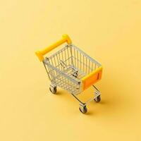 Composition of shopping cart or trolley with gift boxes or bags. Cyber monday sales or shopping day concept by AI Generated photo