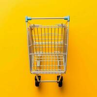 Composition of shopping cart or trolley with gift boxes or bags. Cyber monday sales or shopping day concept by AI Generated photo