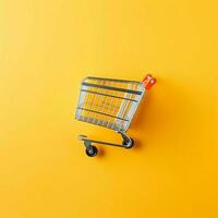 Composition of shopping cart or trolley with gift boxes or bags. Cyber monday sales or shopping day concept by AI Generated photo