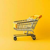 Composition of shopping cart or trolley with gift boxes or bags. Cyber monday sales or shopping day concept by AI Generated photo