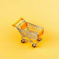 Composition of shopping cart or trolley with gift boxes or bags. Cyber monday sales or shopping day concept by AI Generated photo