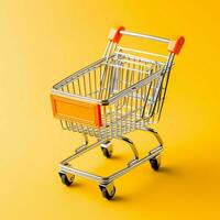 Composition of shopping cart or trolley with gift boxes or bags. Cyber monday sales or shopping day concept by AI Generated photo