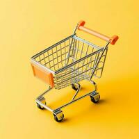 Composition of shopping cart or trolley with gift boxes or bags. Cyber monday sales or shopping day concept by AI Generated photo