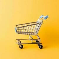 Composition of shopping cart or trolley with gift boxes or bags. Cyber monday sales or shopping day concept by AI Generated photo