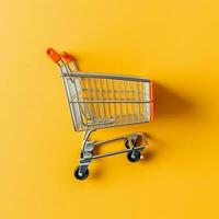 Composition of shopping cart or trolley with gift boxes or bags. Cyber monday sales or shopping day concept by AI Generated photo