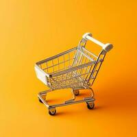 Composition of shopping cart or trolley with gift boxes or bags. Cyber monday sales or shopping day concept by AI Generated photo