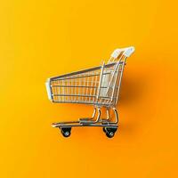 Composition of shopping cart or trolley with gift boxes or bags. Cyber monday sales or shopping day concept by AI Generated photo