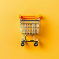 Composition of shopping cart or trolley with gift boxes or bags. Cyber monday sales or shopping day concept by AI Generated photo