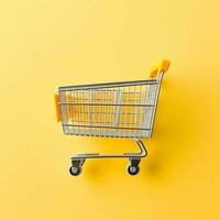 Composition of shopping cart or trolley with gift boxes or bags. Cyber monday sales or shopping day concept by AI Generated photo