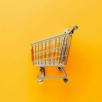 Composition of shopping cart or trolley with gift boxes or bags. Cyber monday sales or shopping day concept by AI Generated photo