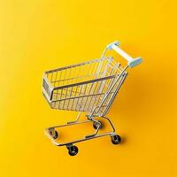 Composition of shopping cart or trolley with gift boxes or bags. Cyber monday sales or shopping day concept by AI Generated photo