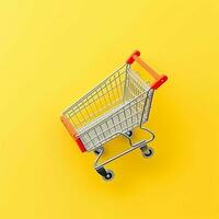 Composition of shopping cart or trolley with gift boxes or bags. Cyber monday sales or shopping day concept by AI Generated photo