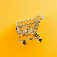 Composition of shopping cart or trolley with gift boxes or bags. Cyber monday sales or shopping day concept by AI Generated photo