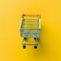 Composition of shopping cart or trolley with gift boxes or bags. Cyber monday sales or shopping day concept by AI Generated photo