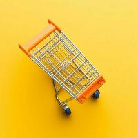 Composition of shopping cart or trolley with gift boxes or bags. Cyber monday sales or shopping day concept by AI Generated photo